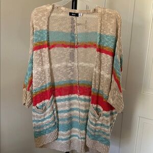BDG Open-Front Striped Knit Cardigan in Beige, Turquoise & Coral, Medium